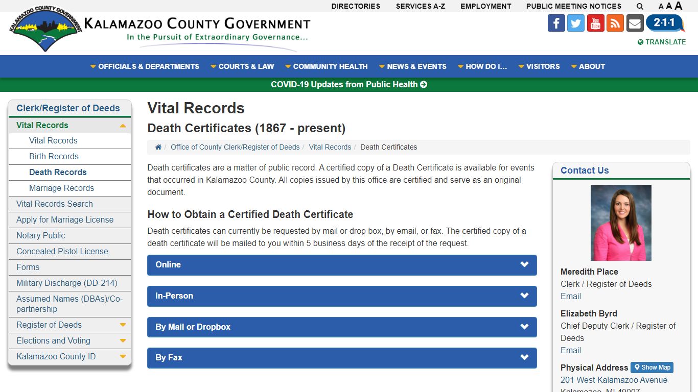 Death Certificates - Vital Records - Kalamazoo County, Michigan